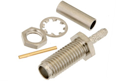 PE44389 - SSMA メス バルクヘッドマウントコネクタ、圧着/はんだ接続、RG178、RG196、.177インチD穴