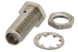 PE44393 - SSMA メス バルクヘッドマウントコネクタ、はんだ接続、ソルダーカップターミナル、.177インチD穴