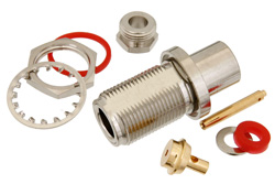 PE4443 - N メス バルクヘッドマウントコネクタ、クランプ/はんだ接続、PE-SR405AL、PE-SR405FL、RG405、.640インチDD穴