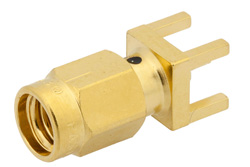 PE44430 - SSMA オス コネクタ、はんだ接続、スルーホールPCB、.200インチx.067インチ穴間隔