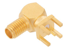 PE44435 - SSMA メス 直角コネクタ、はんだ接続、スルーホールPCB、.200インチx.067インチ穴間隔