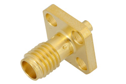 PE44438 - SSMA メス コネクタ、はんだ接続、4ホールパネルマウント、PE-047SR、PE-SR047AL、PE-SR047FL、.232インチ穴間隔