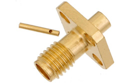 PE44439 - SSMA メス コネクタ、はんだ接続、4ホールパネルマウント、PE-SR405AL、PE-SR405FL、RG405、.232インチ穴間隔