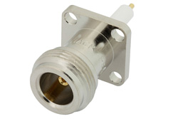 PE4444 - N メス コネクタ、はんだ接続、4ホールパネルマウント、ピンターミナル、.500インチ穴間隔