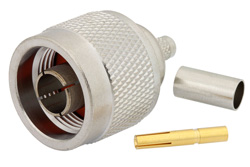 PE44471 - 逆極性 N オス コネクタ、圧着/はんだ接続、RG55、RG141、RG142、RG223、RG400