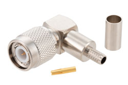 PE4450 - TNC オス 直角コネクタ、圧着/はんだ接続、RG55、RG141、RG142、RG223、RG400