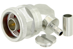 PE44524 - N オス 直角コネクタ、圧着/はんだ接続、PE-C195、PE-P195、RG58、RG141、RG303、LMR-195、.195インチ