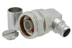 PE44526 - N オス 直角コネクタ、圧着/はんだ接続、PE-C400、PE-B400、PE-B405、LMR-400、LMR-400-DB、LMR-400-UF、.400インチ