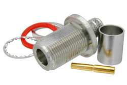 PE44530 - N メス バルクヘッドマウントコネクタ、圧着/はんだ接続、.400インチ、LMR-400、LMR-400-DB、LMR-400-UF、PE-B405、PE-C400、PE-B400、.640インチDD穴