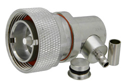 PE44540 - 7/16 DIN オス 直角コネクタ、圧着/はんだ接続、PE-C195、RG58、RG141、RG303、PE-P195、LMR-195