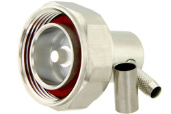 PE44541 - 7/16 DIN オス 直角コネクタ、圧着/はんだ接続、PE-C240、RG8X、.240インチ、LMR-240、LMR-240-DB、LMR-240-UF、B7808A