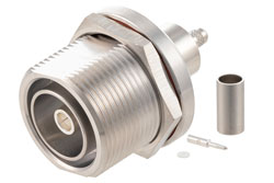 PE44548 - 7/16 DIN メス バルクヘッドマウントコネクタ、圧着/はんだ接続、.195インチ、RG58、RG141、RG303、LMR-195、LMR-195-FR、PE-C195、PE-P195、1.161インチDD穴