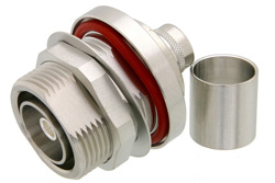 PE44551 - 7/16 DIN メス バルクヘッドマウントコネクタ、圧着/はんだ接続、PE-C600、LMR-600、LMR-600-DB、.600インチ、1.161インチDD穴