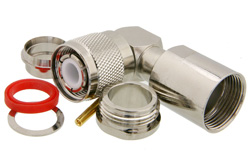 PE44592 - HN オス 直角コネクタ、クランプ/はんだ接続、RG14、RG217