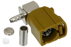 PE44648K - FAKRA ジャック 直角コネクタ、圧着/はんだ接続、RG174、RG316、RG188、.100インチ、PE-B100、PE-C100、LMR-100、カレー色