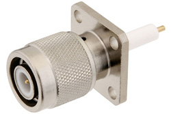 PE44654 - TNC オス コネクタ、はんだ接続、4ホールパネルマウント、ピンターミナル、.531インチ穴間隔