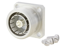 PE44717 - 7/16 DIN メス フィールド交換式コネクタ、4ホールパネルマウント、スロット端子ターミナル、1.24インチスクエアフランジワットメータコネクタ