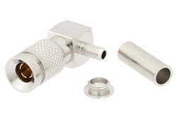 PE44783 - 1.0/2.3 プラグ 直角コネクタ、圧着/はんだ接続、RG316-DS、RG188-DS