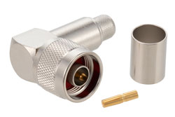 PE4483 - N オス 直角コネクタ、圧着/はんだ接続、RG214、RG9、RG225、RG393