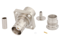 PE44887 - BNC メス コネクタ、クランプ/はんだ接続、4ホールパネルマウント、RG316-DS、RG188-DS、IP67準拠