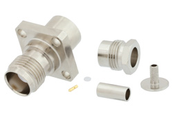 PE44901 - TNC メス コネクタ、クランプ/はんだ接続、4ホールパネルマウント、RG316-DS、RG188-DS、IP67準拠