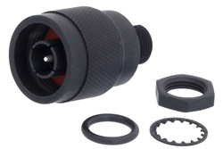 PE4490BK - N オス バルクヘッドマウントコネクタ、はんだ接続、ソルダーカップターミナル、.350インチD穴、黒色仕上