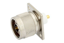 PE4491 - N オス コネクタ、はんだ接続、4ホールパネルマウント、ピンターミナル、.718インチ穴間隔、.120インチ直径