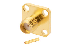 PE44998 - SMA メス コネクタ、はんだ接続、4ホールパネルマウント、RG405、RG405錫メッキ、PE-SR405FL、PE-SR405AL、PE-SR405FLJ、PE-SR405TN、.340インチ穴間隔