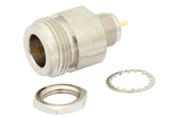 PE4506 - 75 Ω N メス バルクヘッドマウントコネクタ、はんだ接続、ソルダーカップターミナル、.380インチ直径