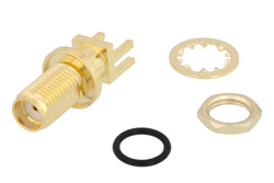 PE45134 - SMA メス バルクヘッドマウントコネクタ、圧着/はんだ接続、スルーホールPCB、IP67準拠