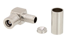 PE4522 - SMB プラグ 直角コネクタ、圧着/はんだ接続、RG58、RG303、RG141、PE-C195、PE-P195、LMR-195、.195インチ