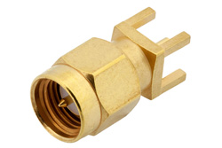 PE4525 - SMA オス コネクタ、はんだ接続、スルーホールPCB、.200インチx.067インチ穴間隔