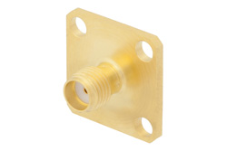PE4527 - SMA メス コネクタ、はんだ接続、4ホールパネルマウント、ソルダーカップターミナル、.500インチ穴間隔