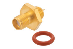 PE4530 - SMA メス バルクヘッドマウント気密シールコネクタ、はんだ接続、スタブターミナル、.250インチ直径、フロントマウントIP67準拠