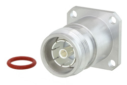 PE45306 - 4.3-10 メス 低PIMコネクタ、はんだ接続、4ホールパネルマウント、ソルダーカップターミナル、IP67準拠