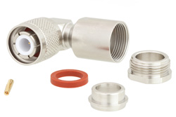 PE45307 - HN オス 直角コネクタ、クランプ/はんだ接続、RG14、RG217