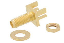 PE45405 - SSMA メス バルクヘッドマウントコネクタ、はんだ接続、.042インチエンドランチPCB