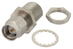 PE4544 - SMA オス バルクヘッドマウントコネクタ、はんだ接続、ソルダーカップターミナル、.350インチD穴