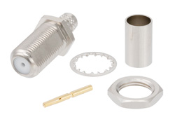 PE45552 - 75 Ω F メス バルクヘッド マウント コネクタ、圧着/はんだ接続、RG59、RG62、RG71