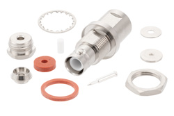 PE45556 - SHV ジャック バルクヘッド マウント コネクタ、クランプ/はんだ接続、RG174、RG316、RG188、.480インチ D Hole