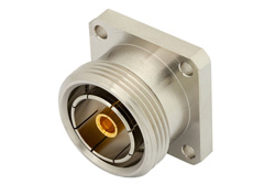 PE4574 - 7/16 DIN メス コネクタ、ねじ式ピン接続、4ホールパネルマウント、ピンターミナル、.975インチ穴間隔