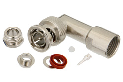 PE4607 - 75 Ω BNC オス 直角コネクタ、クランプ/はんだ接続、RG59、RG62、RG71