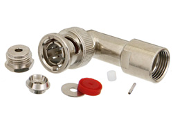 PE4609 - 75 Ω BNC オス 直角コネクタ、クランプ/はんだ接続、RG179、RG187