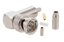 PE4610 - 75 Ω BNC オス 直角コネクタ、圧着/はんだ接続、RG179、RG187