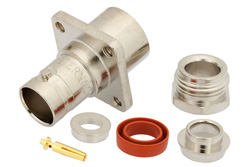 PE4623 - 75 Ω BNC メス コネクタ、クランプ/はんだ接続、4ホールパネルマウント、RG59、RG62、RG71、.500インチネジ穴間隔