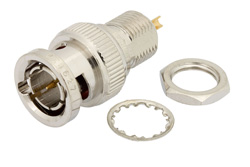 PE4627 - 75 Ω BNC オス バルクヘッドマウントコネクタ、はんだ接続、ソルダーカップターミナル、.350インチD穴