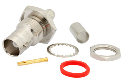 PE4638 - 75 Ω BNC メス バルクヘッドマウントコネクタ、圧着/はんだ接続、RG59、RG62、RG71、.480インチD穴