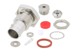 PE4639 - 75 Ω BNC メス バルクヘッドマウントコネクタ、クランプ/はんだ接続、RG179、RG187、.480インチD穴