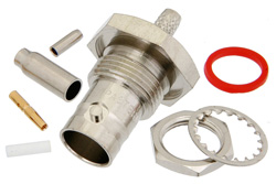 PE4640 - 75 Ω BNC メス バルクヘッドマウントコネクタ、圧着/はんだ接続、RG179、RG187、.480インチD穴