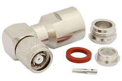 PE4675 - 逆極性 TNC オス 直角コネクタ、クランプ/はんだ接続、RG213、RG214、RG8、RG9、RG225、RG393、RG215